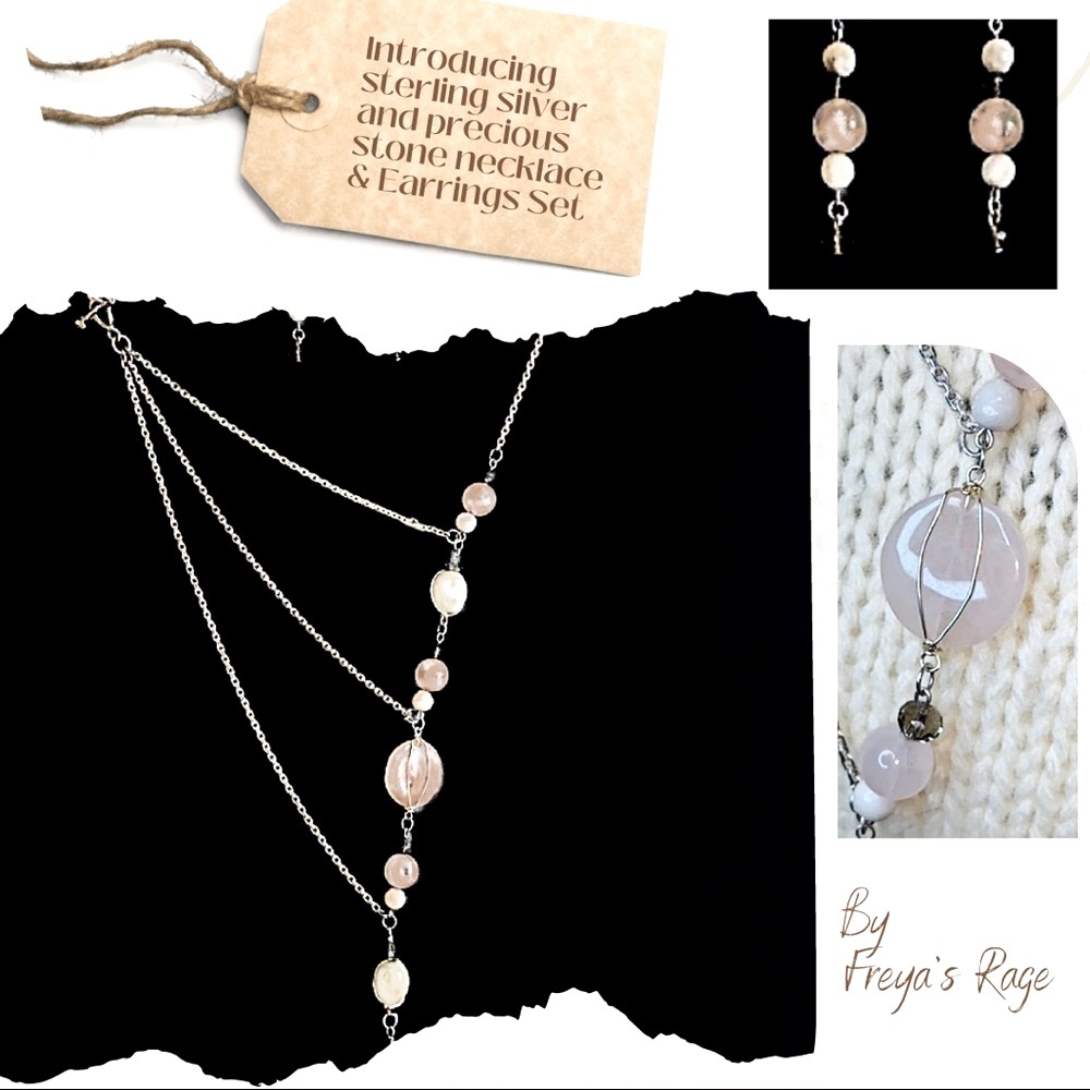 Sterling Silver Rose Quartz Precious Stone Asymmetrical Necklace/ Earrings Set.